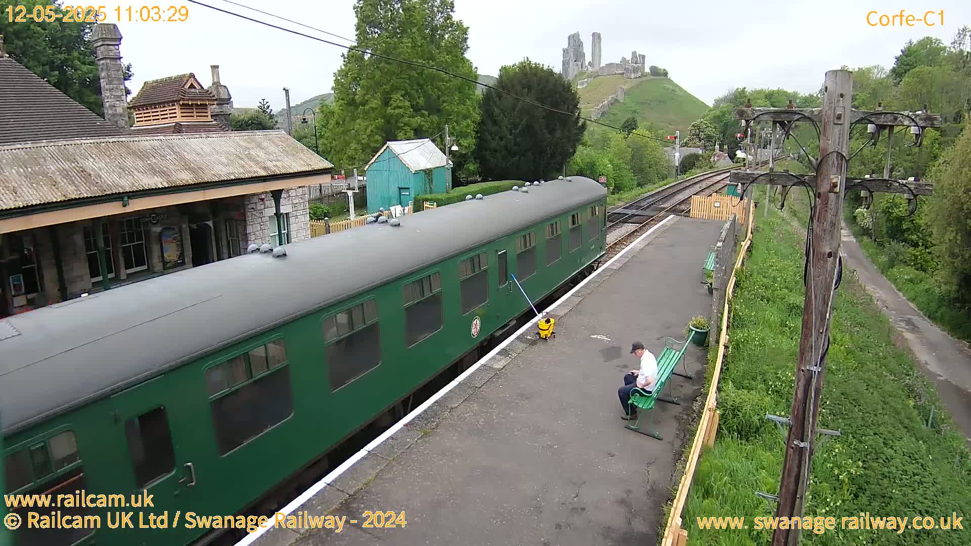 A green passenger train is parked at a railway station on an overcast day, with a hilltop castle visible in the background.