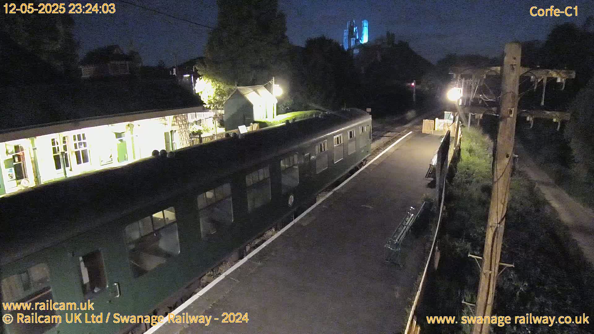 A dark green train is parked at a dimly lit nighttime train station, with a castle visible in the distance under a dark sky.