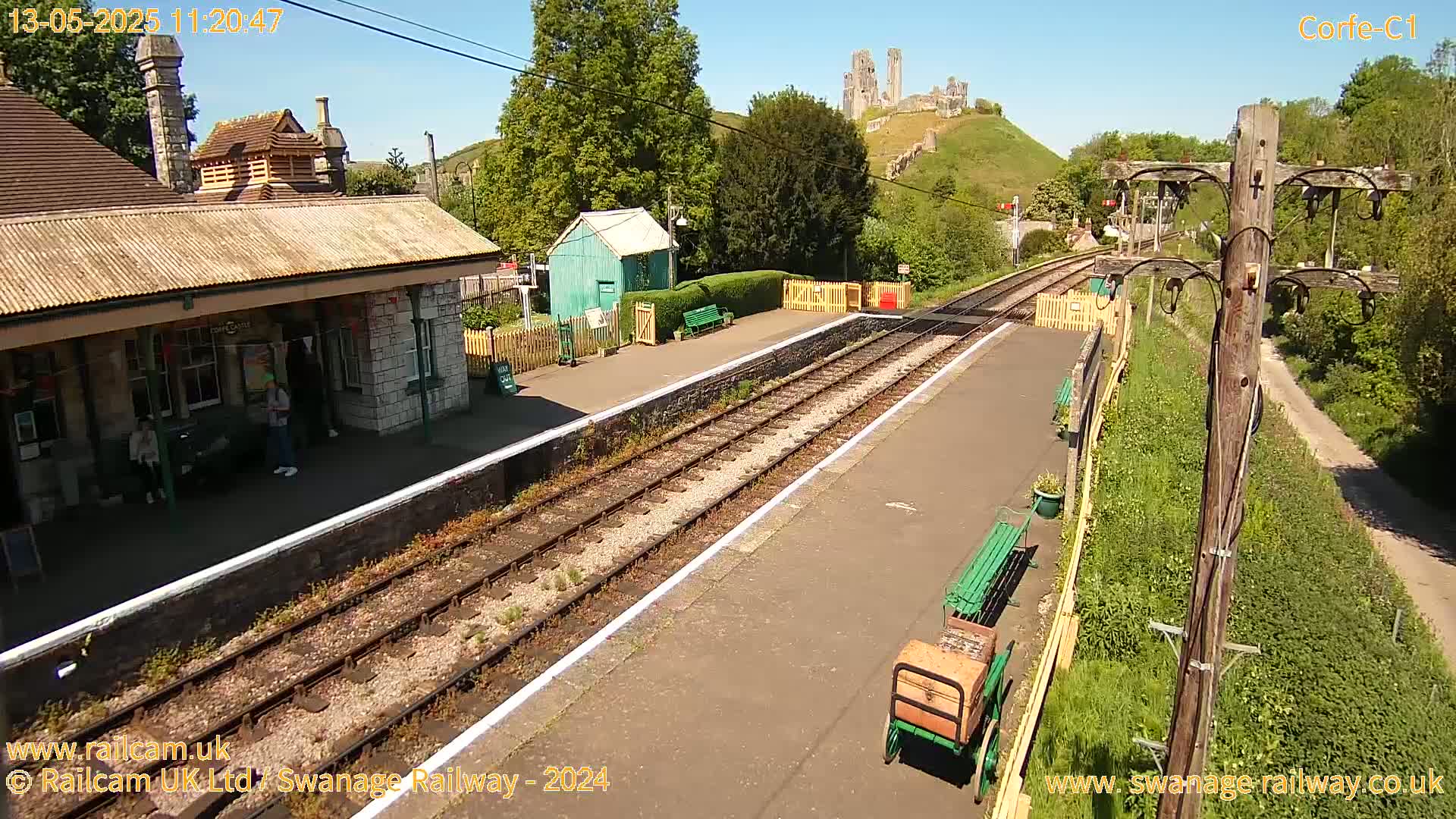 A train station platform with two tracks, a station building, and a small green shed is visible under a sunny sky, with a hilltop castle in the background.