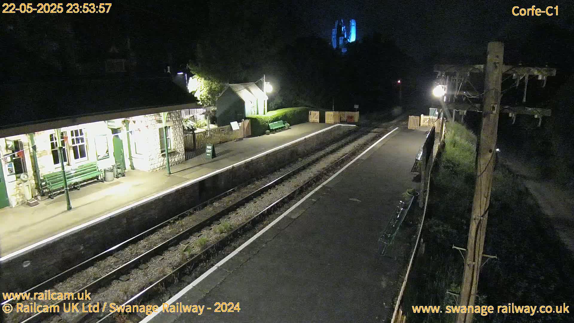 A nighttime view of a deserted train platform with tracks, a station building, and overgrown vegetation bordering the railway.