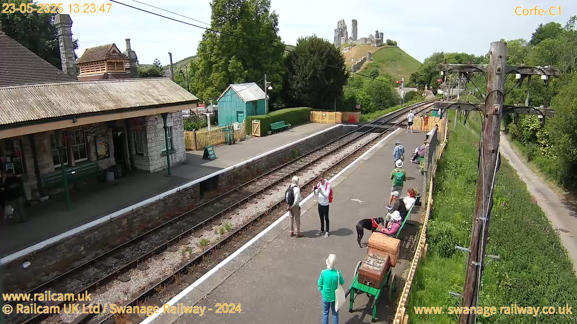 A sunny day at a train station with a stone building,  people waiting on the platform, and a castle ruin visible in the distance.