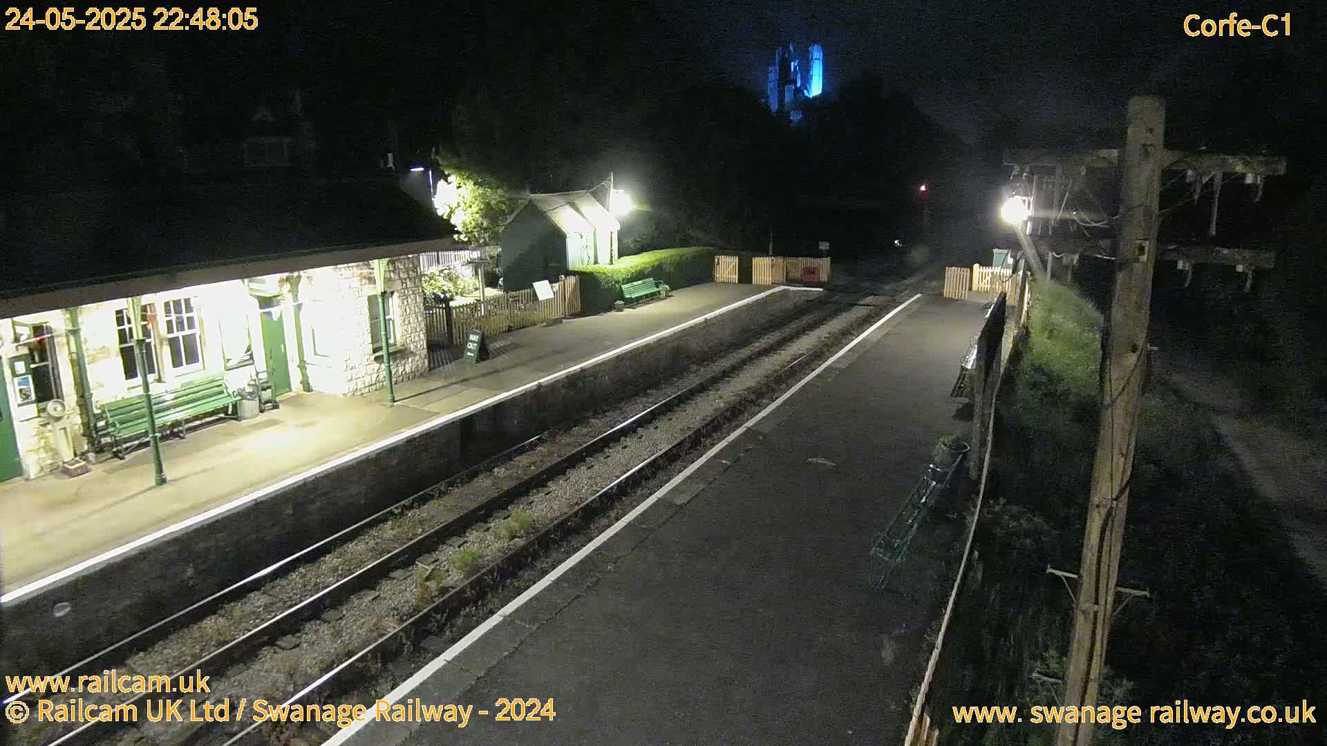 A deserted nighttime train station platform with two sets of tracks, illuminated by overhead lights, and a castle faintly visible in the distance under a dark sky.