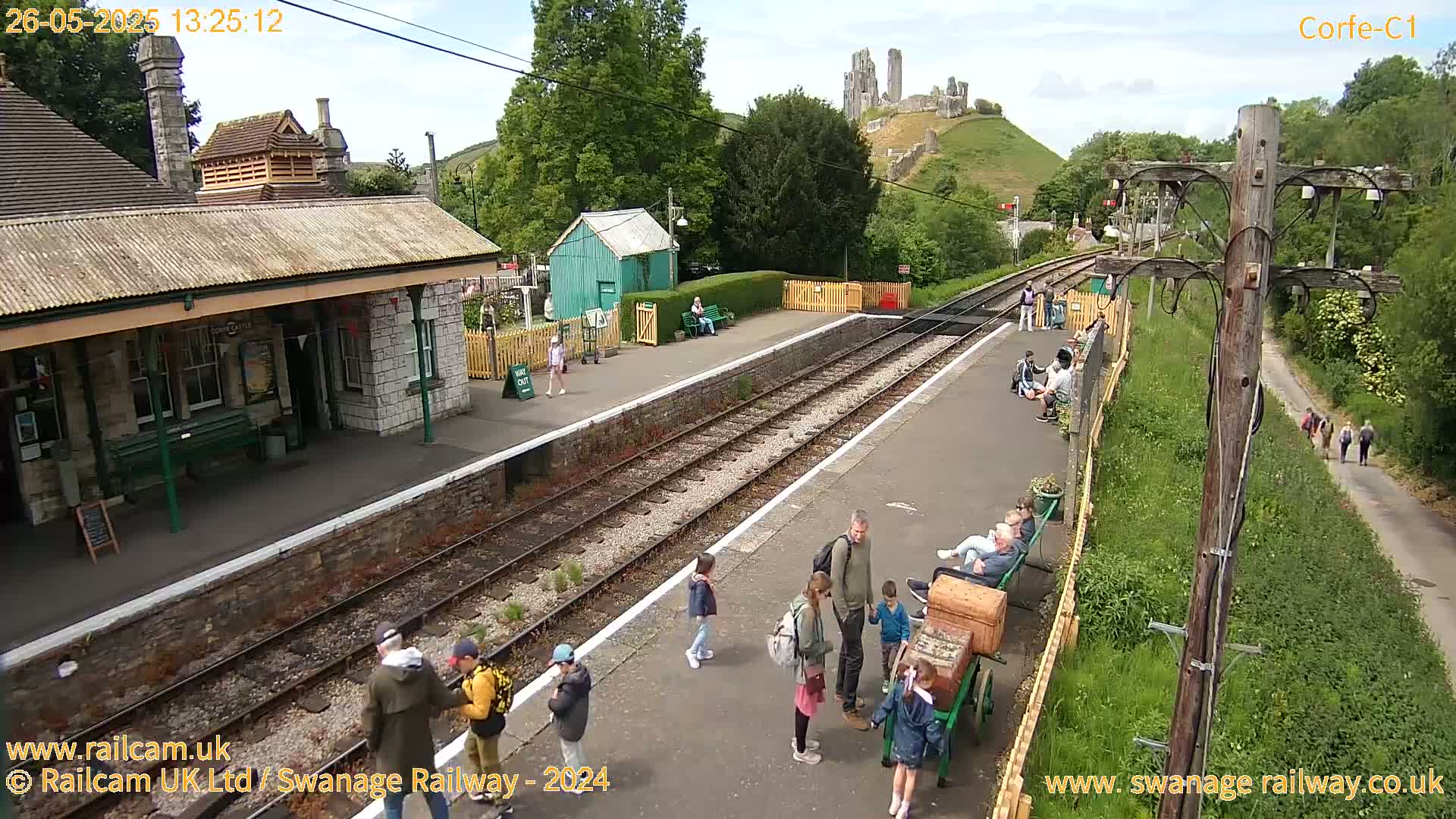 A train station platform with people waiting, a stone building, and a castle ruin visible in the background on a partly cloudy day.