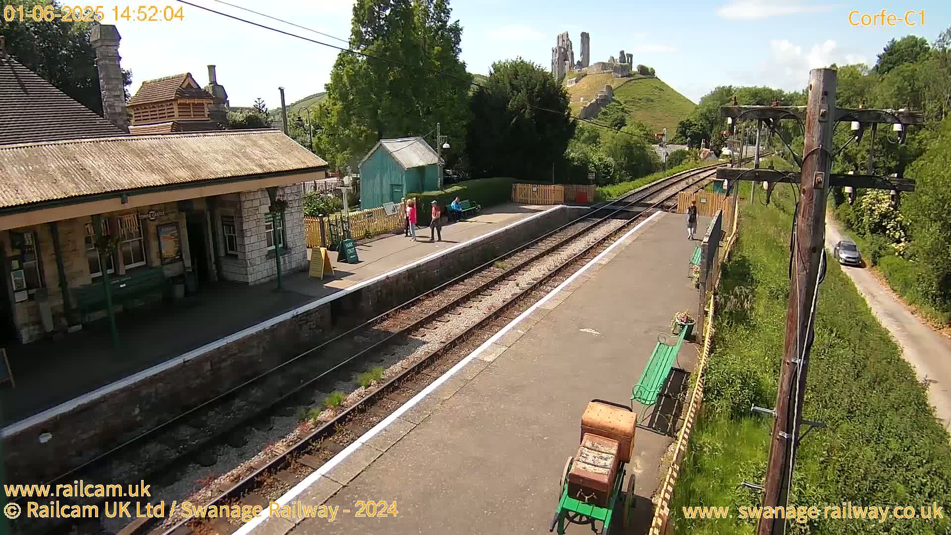 A train station platform with a few people, a stone station building, and a distant castle ruin visible under a sunny sky.