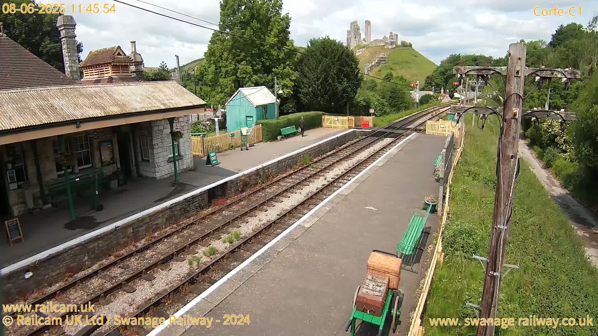 A train station with a stone building, railway tracks, and a small green shed, situated on a hillside with a partially ruined castle visible in the background under a partly cloudy sky.