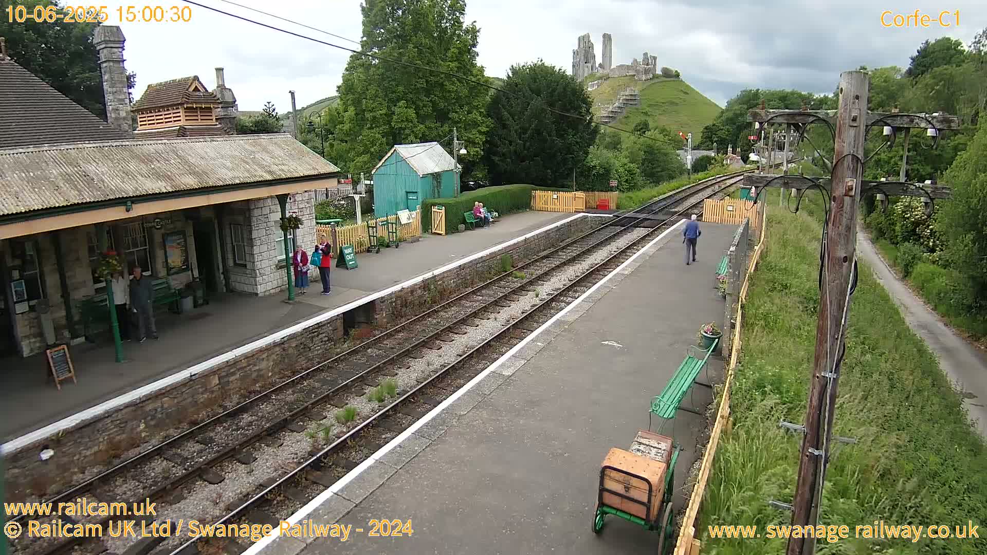 A train station platform with a stone building, a small green shed, and a person walking on the platform, with a hill and the ruins of a castle visible in the background under an overcast sky.