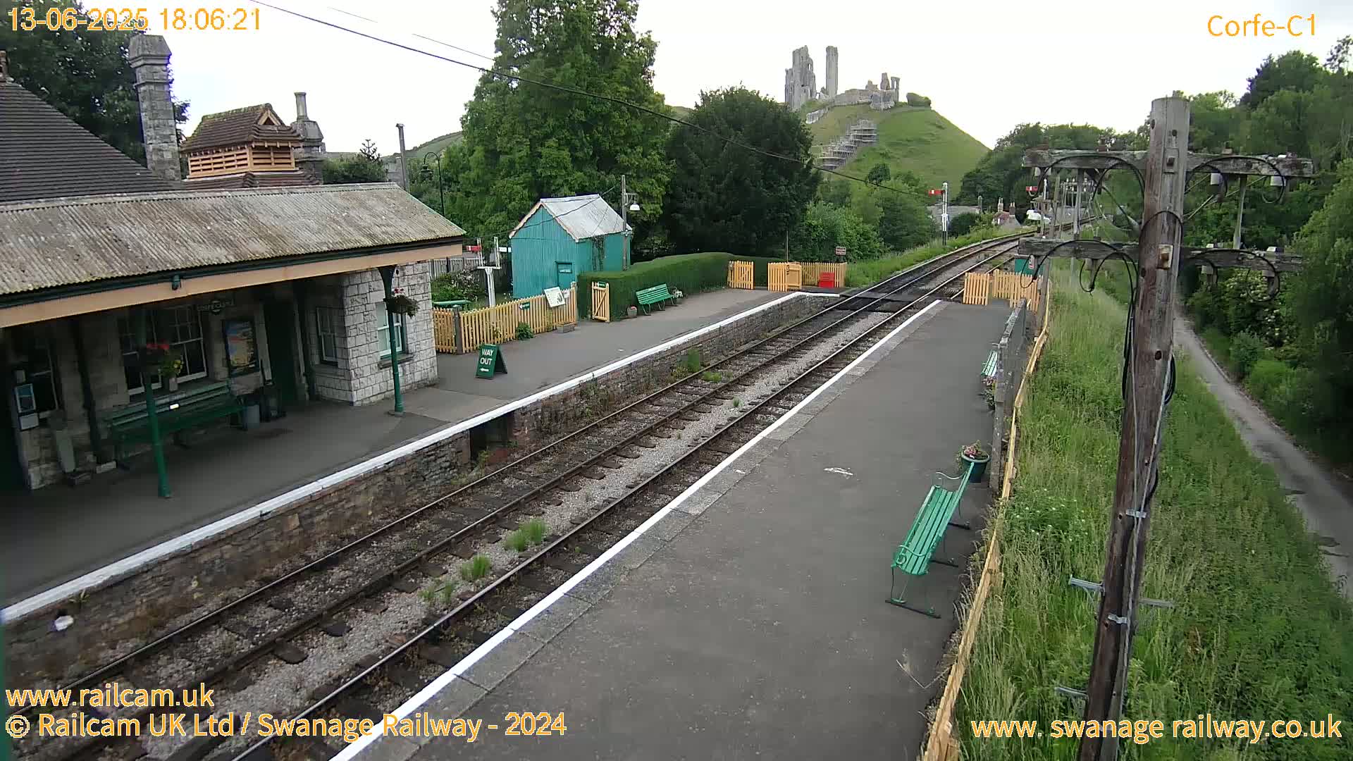 A train station platform with two tracks, a stone building, and a castle visible in the distance on an overcast day.