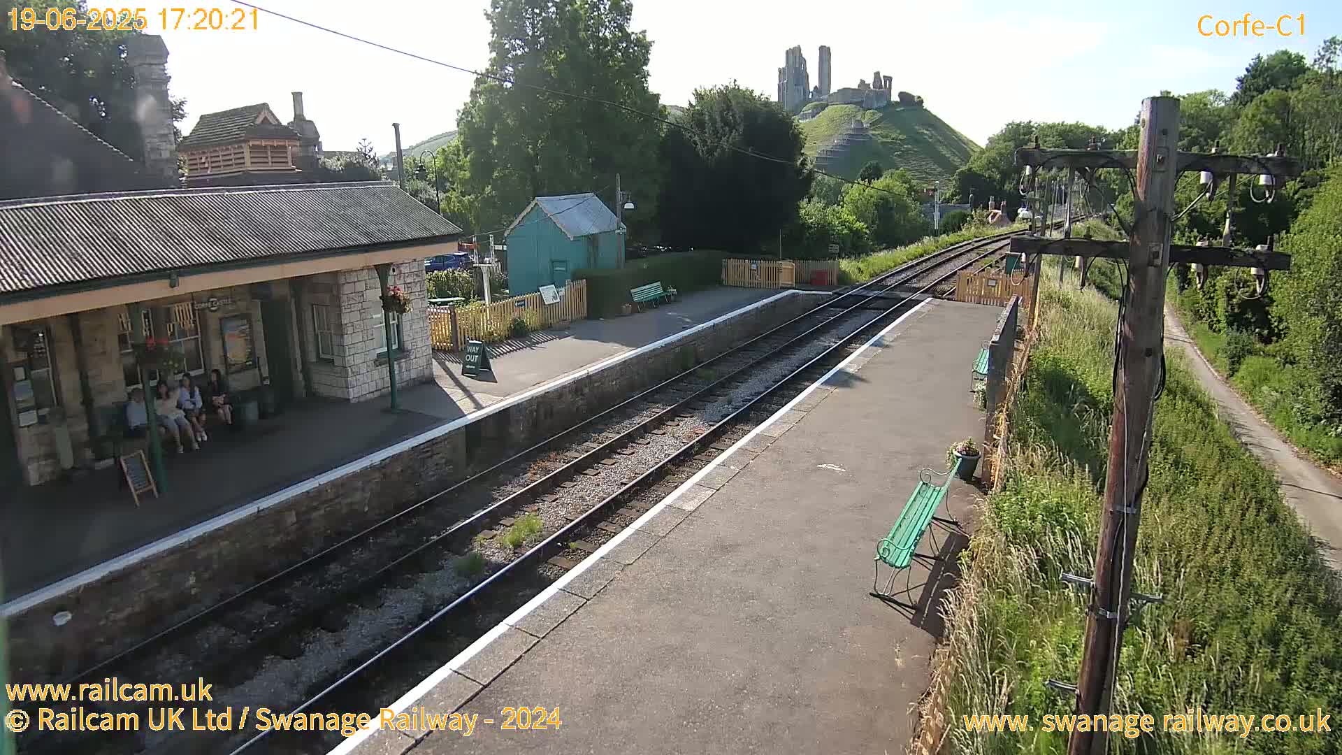 A train station platform with several people sitting on benches, a small building, and train tracks leading toward a hilltop castle on a sunny day.