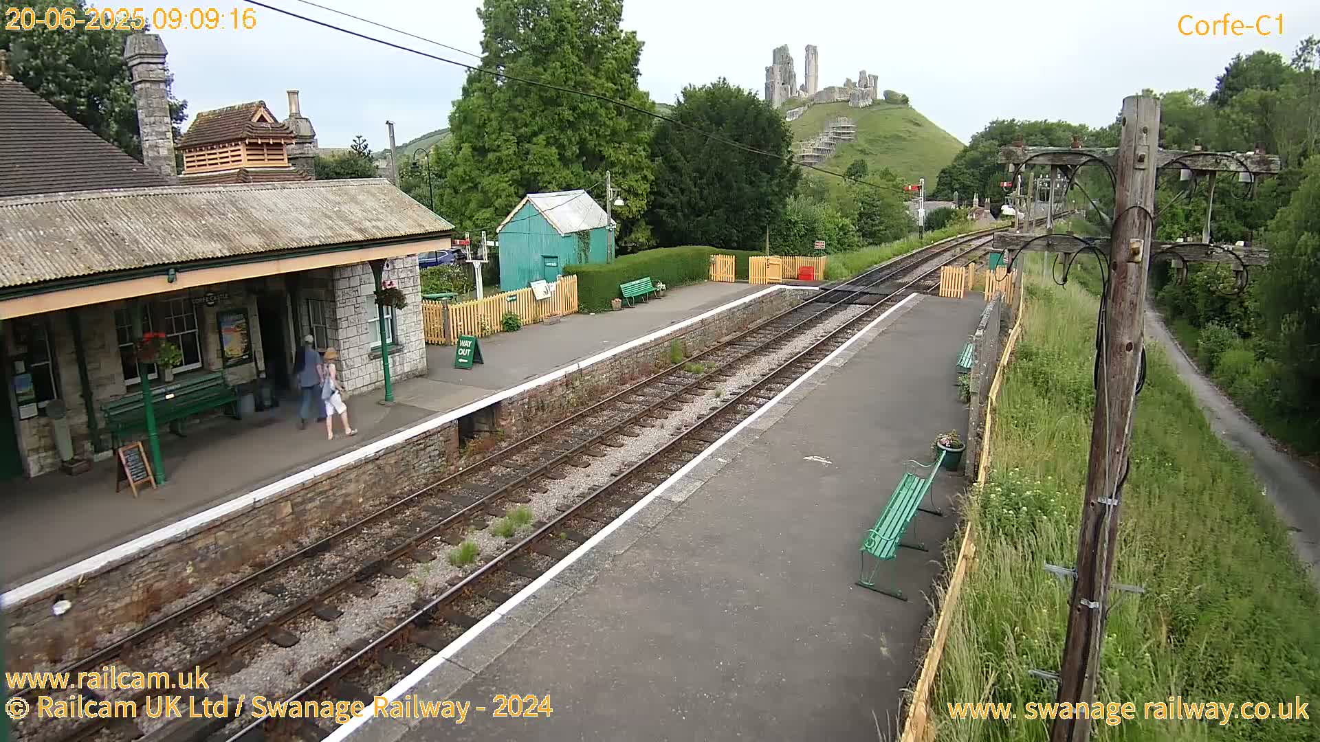 A train station platform with two people walking near a stone building, overlooking a hill with a castle ruin under a partly cloudy sky.
