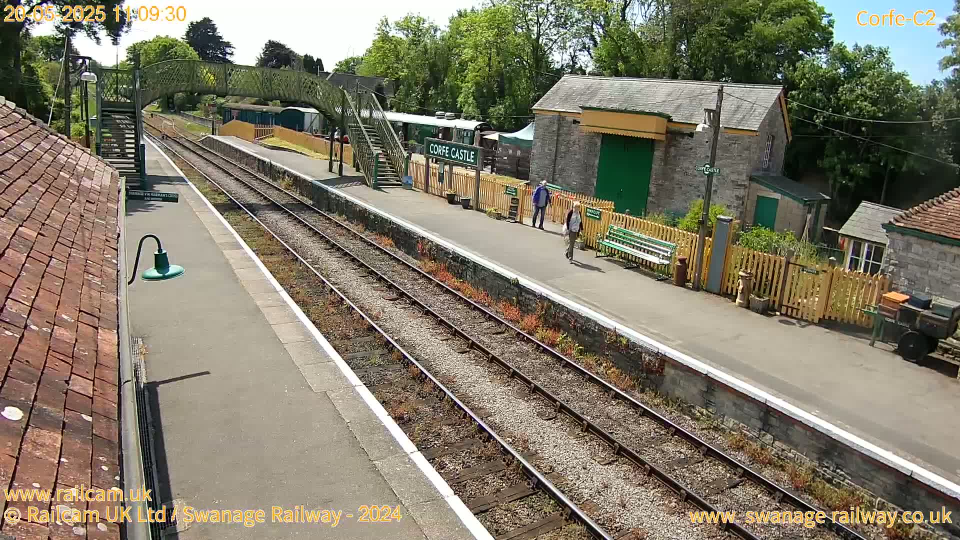A sunny view of a train station platform with two sets of train tracks, a pedestrian bridge, and several people walking.