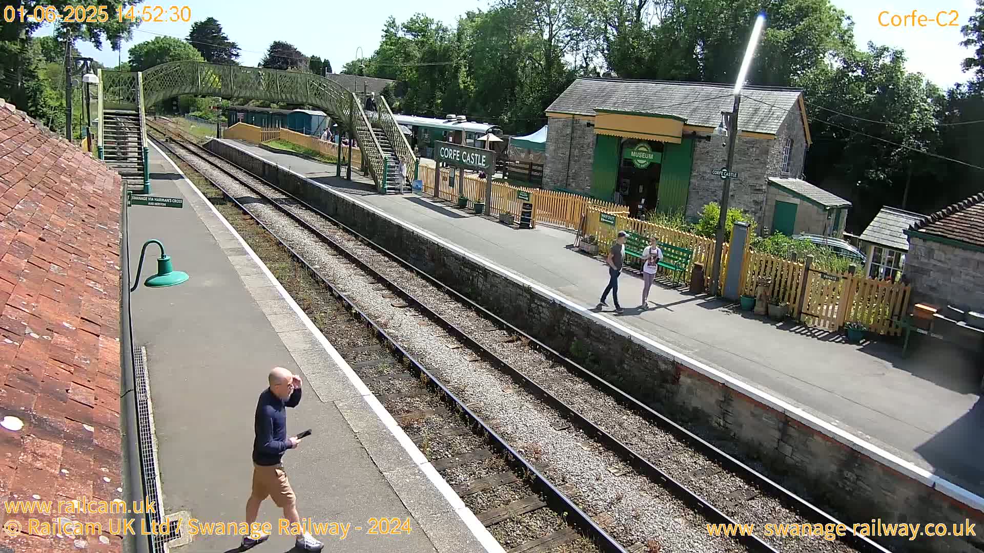 A sunny view of a train station platform with several people walking, a railway track, and a building.