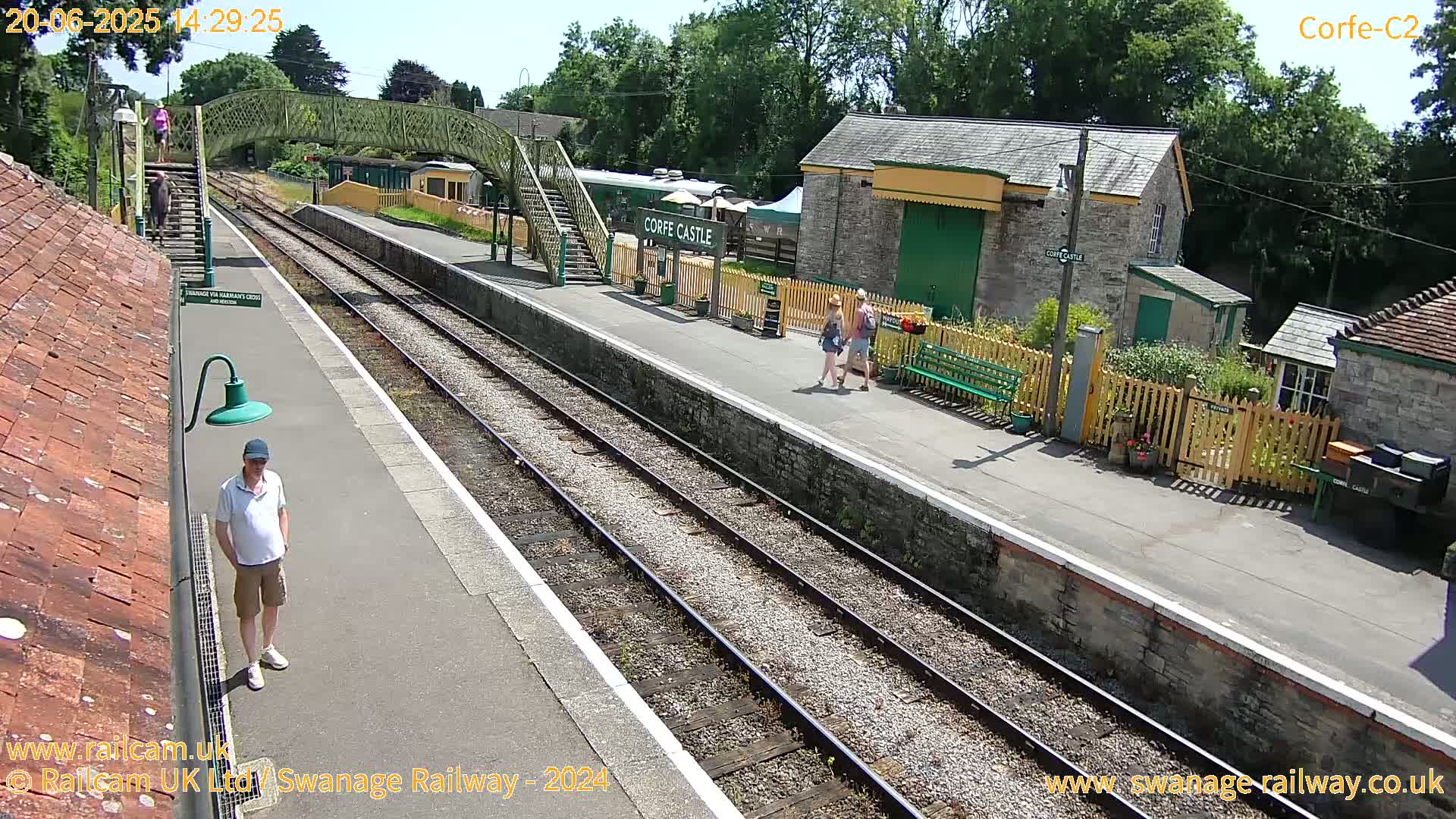 A sunny view of a train station platform with a man standing on the platform, two people walking away from the camera, and a train car partially visible.