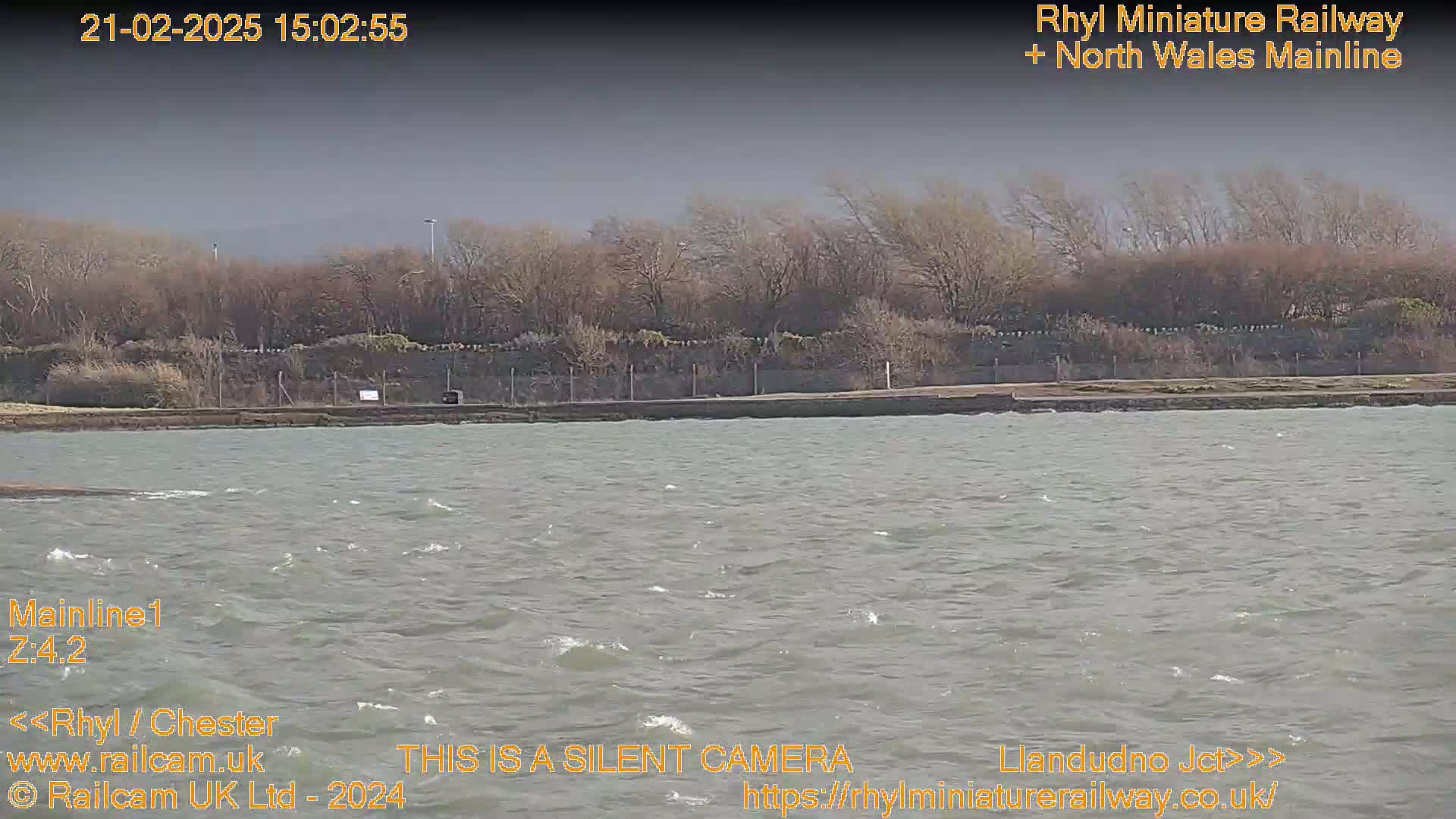 A body of choppy water stretches out before a line of bare trees and a low stone wall under a slightly overcast sky.
