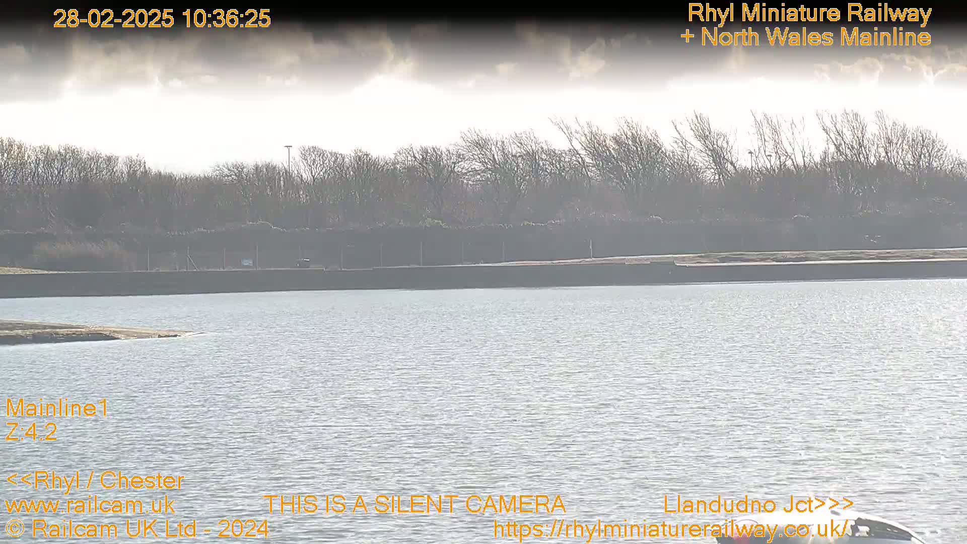 A body of relatively calm water is seen in front of a line of bare trees under a partly cloudy sky.