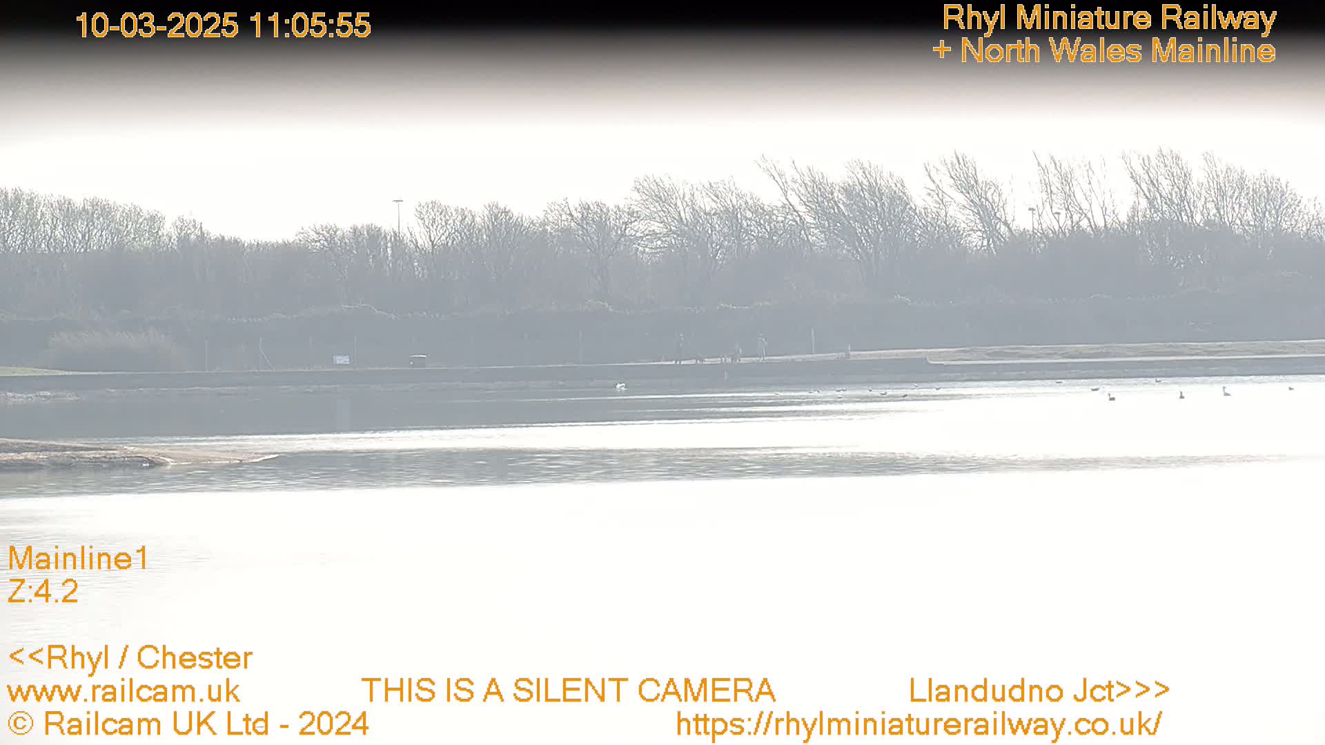 A hazy, bright day shows a calm body of water with a distant shoreline featuring bare trees and a flat, wide bank.