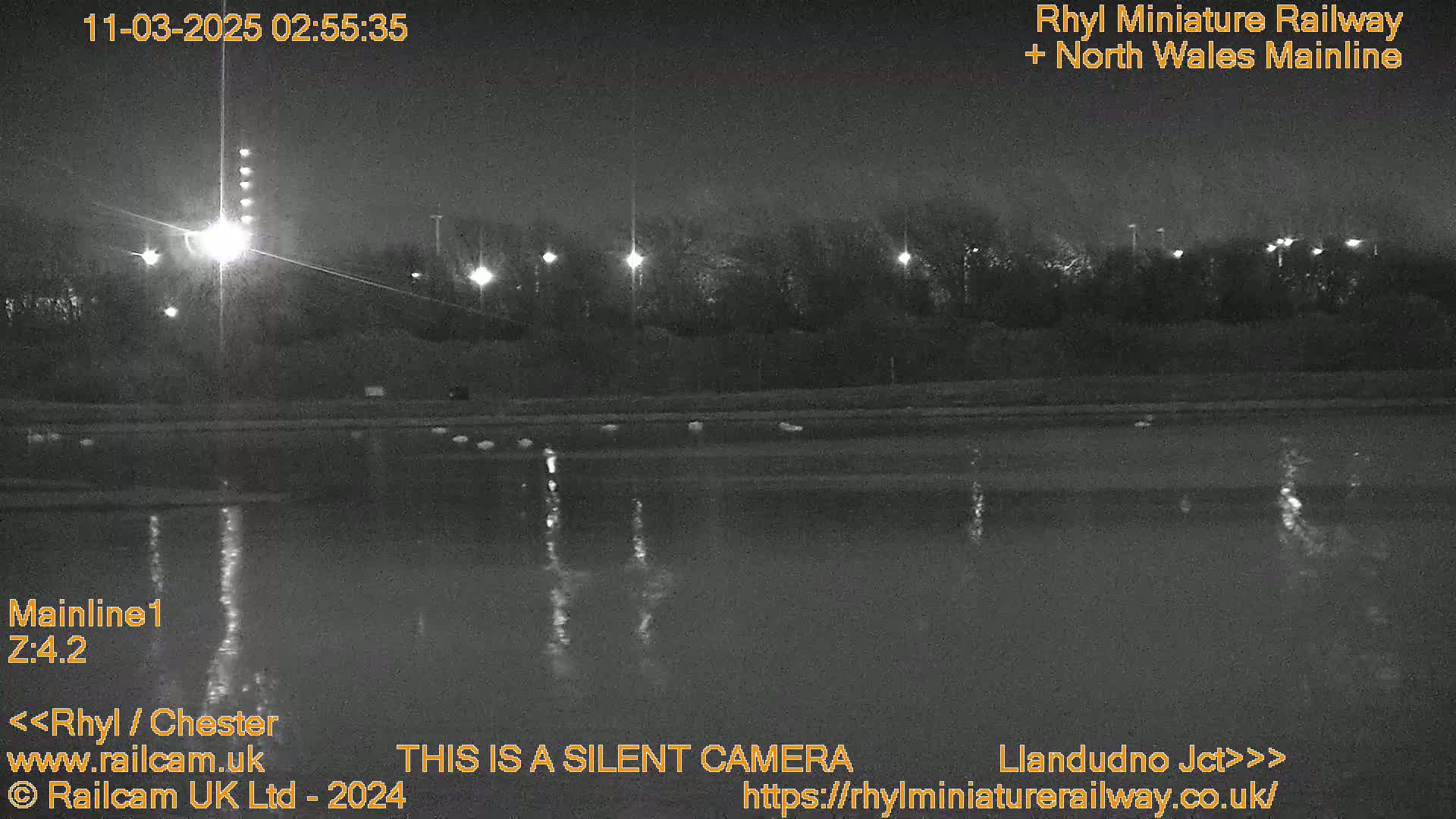 A nighttime, low-light image shows a body of dark water reflecting lights from the opposite shore, where trees and streetlights are visible.