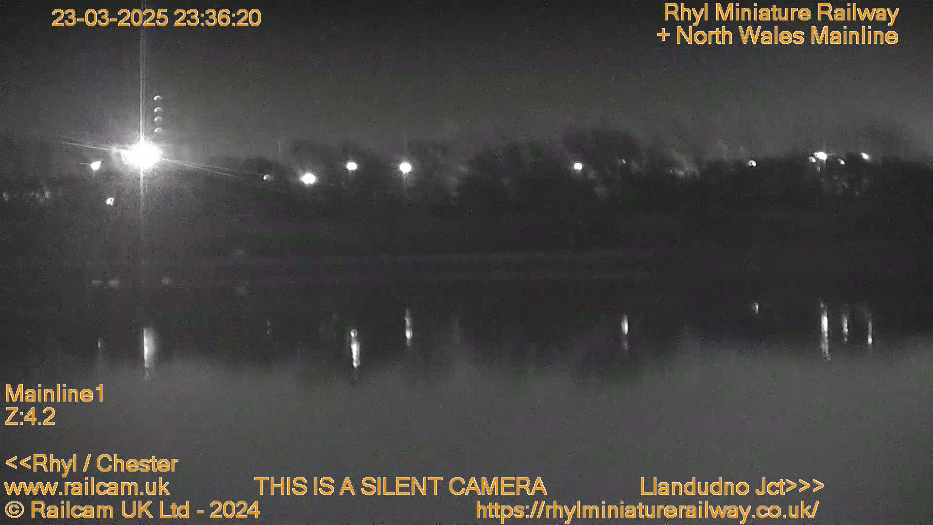 A nighttime, low-light view of a dark body of water with a line of trees and lights on the far shore.