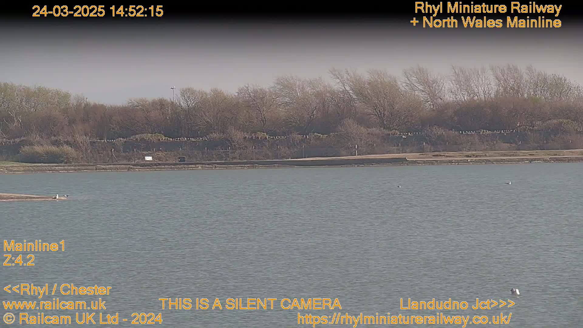 A calm body of water sits before a shoreline with bare trees and a low stone wall under a mostly cloudy sky.