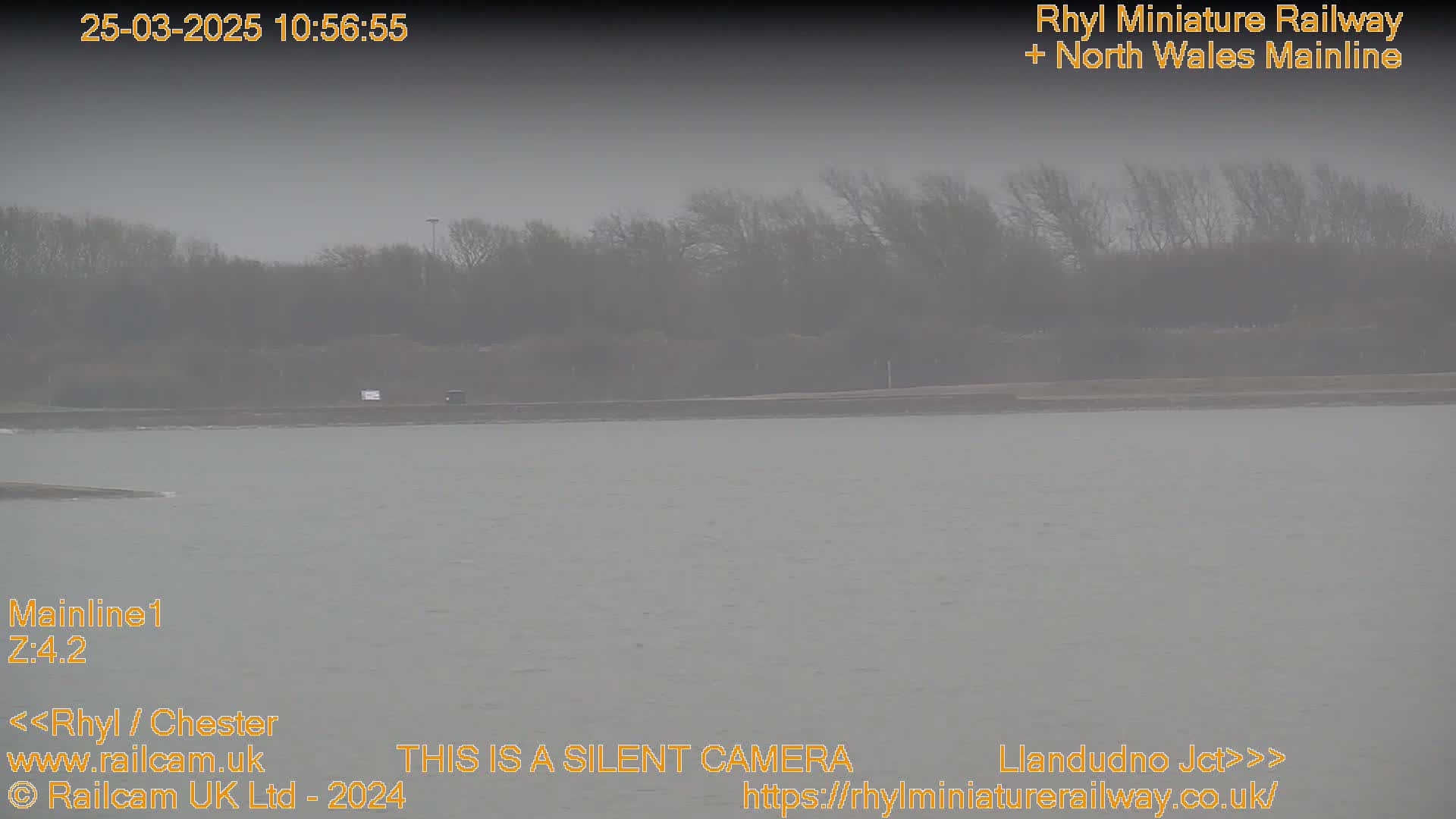 A hazy, overcast view shows a body of water with a shoreline featuring trees and a flat area in the background.
