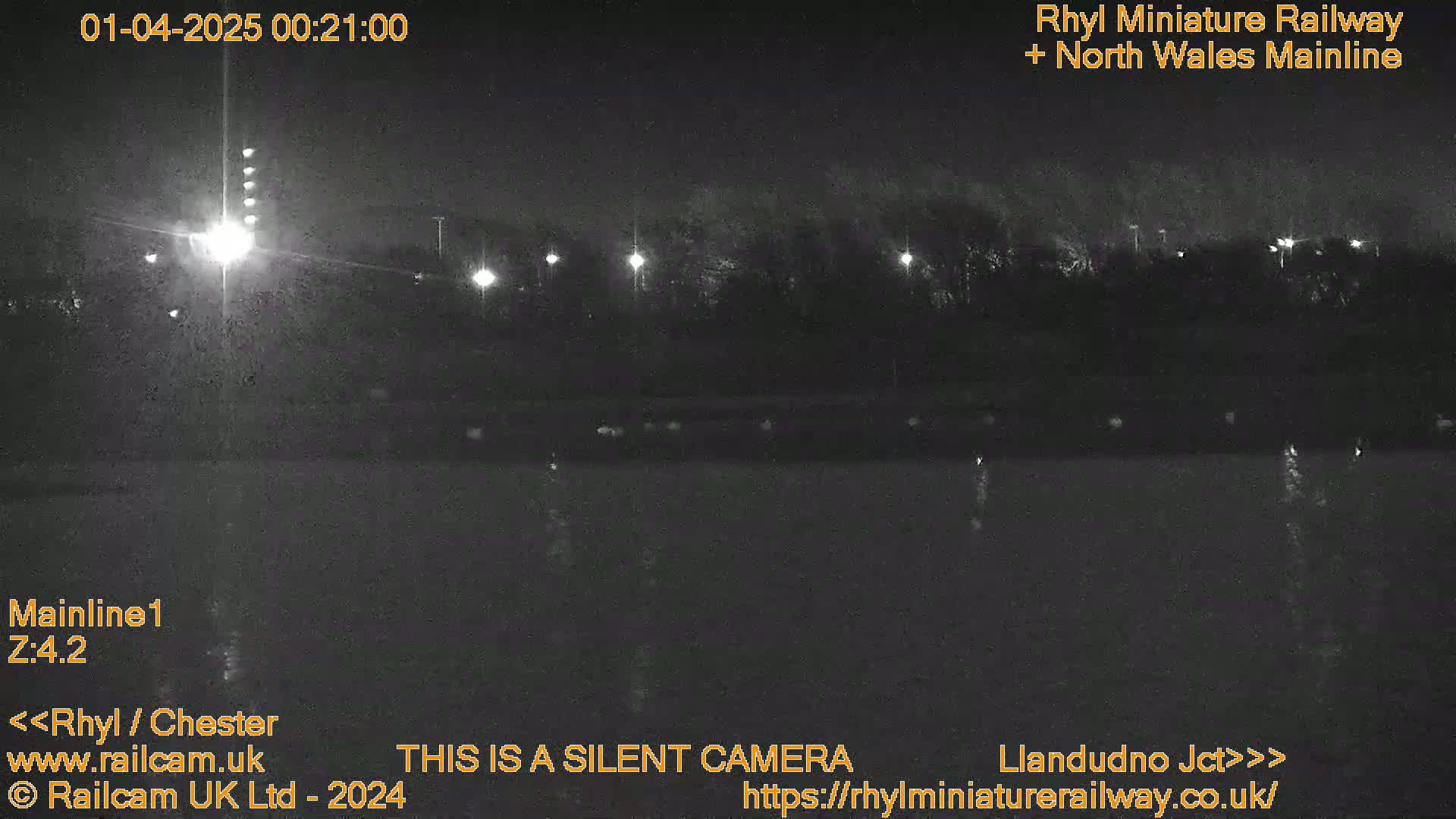 A nighttime, low-light view of a dark body of water reflecting lights from the opposite shore, which is lined with trees and illuminated by streetlights.