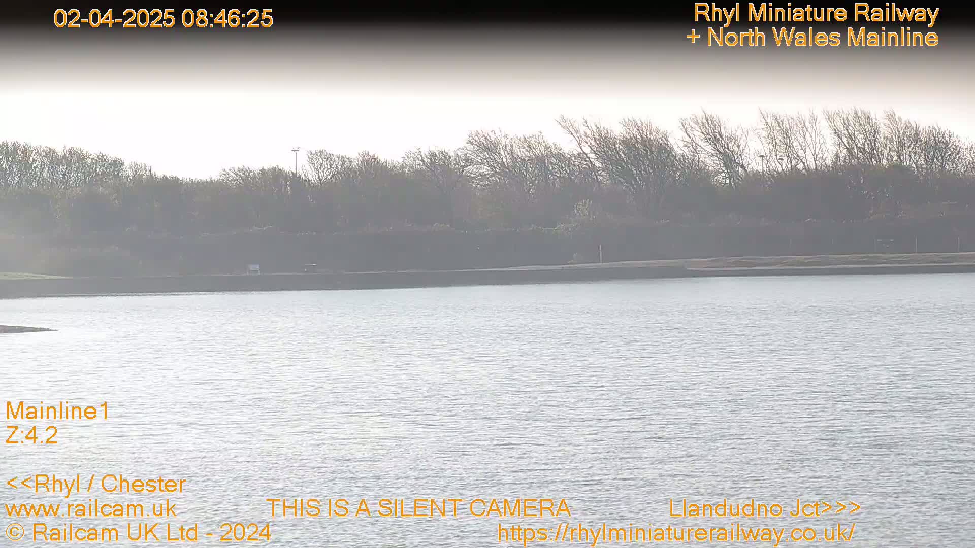 A calm body of water stretches out before a hazy shoreline of bare trees under a pale sky.