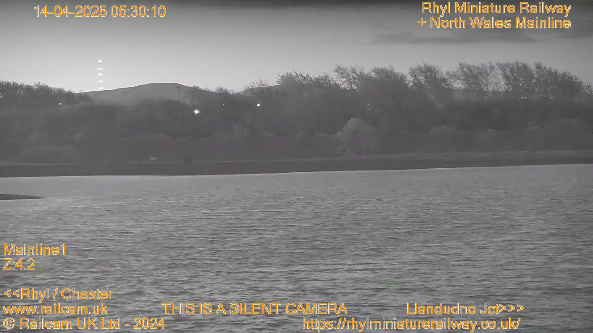 A grayscale image shows a body of still water under a dusky sky, with a treeline and a hill in the background.