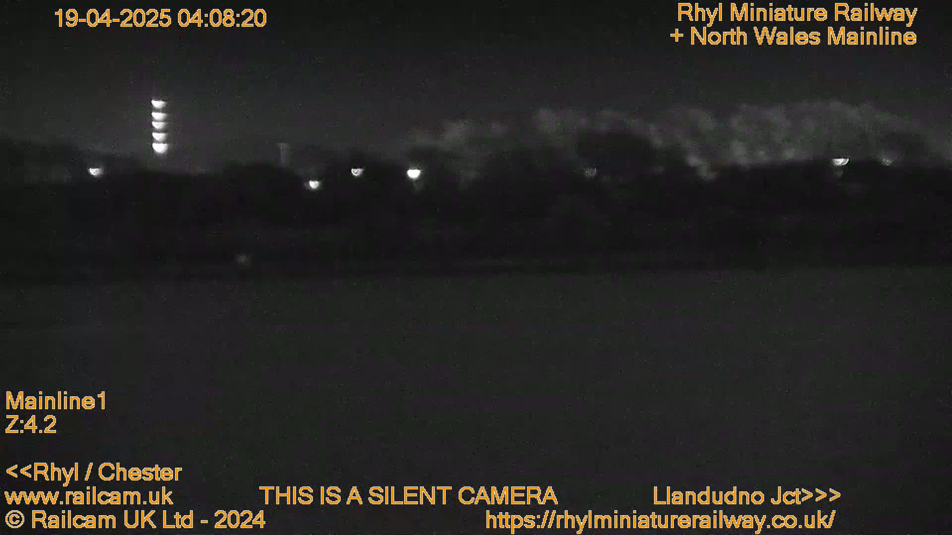 A nighttime, low-light view of dark trees and a flat, dark expanse of land with several distant lights.