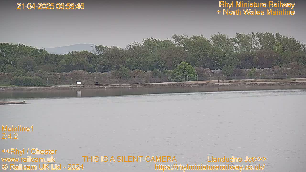 A calm body of water sits in front of a line of trees and a low stone wall under an overcast sky.