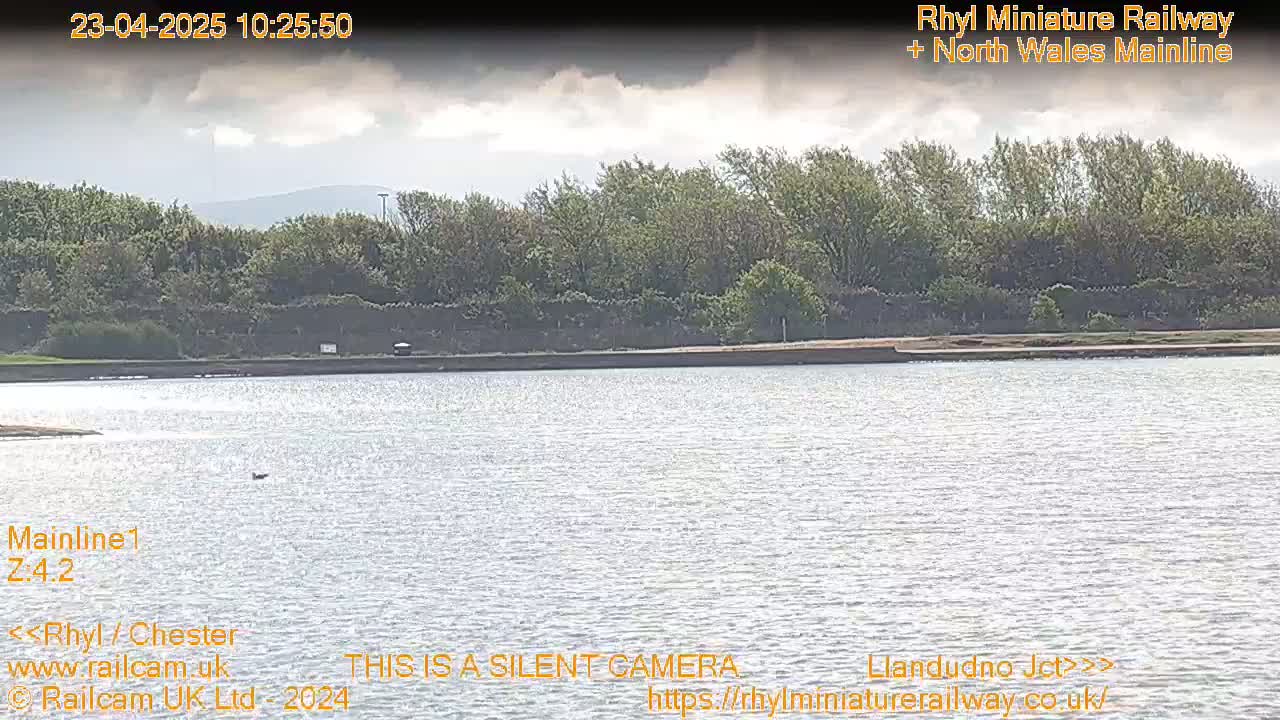 A body of calm water stretches out before a line of trees under a partly cloudy sky.