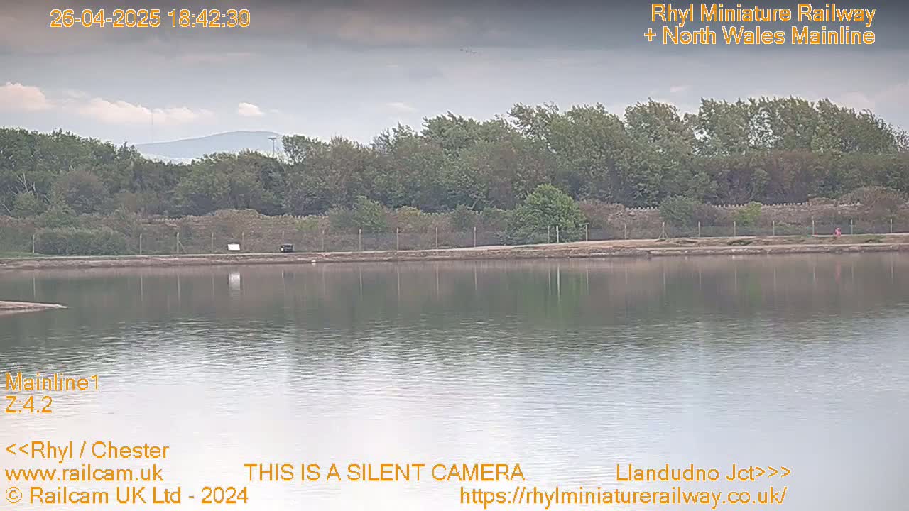 A calm body of water reflects a line of trees and a distant hill under an overcast sky.