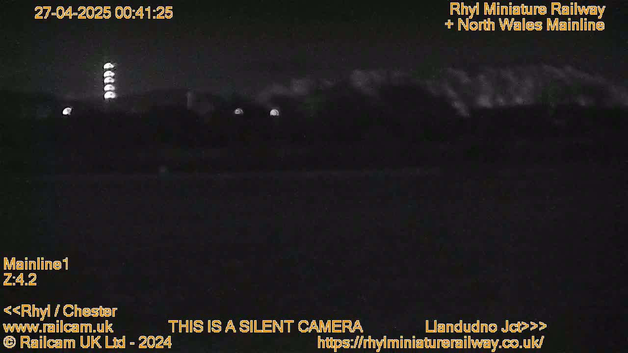 A nighttime, low-light view of a dark landscape with a few distant lights visible.