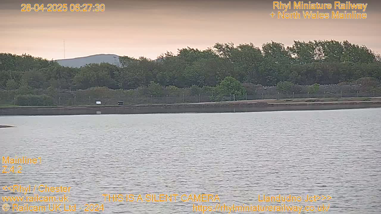 A calm body of water stretches before a line of trees and a distant hill under a pale, pinkish sky.