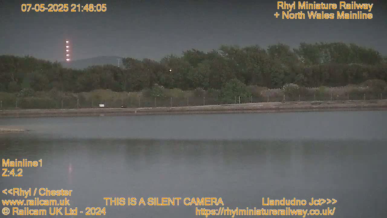 A dark, overcast evening scene shows a body of still water reflecting the dim light from a distant, vertically aligned series of lights behind a line of trees.