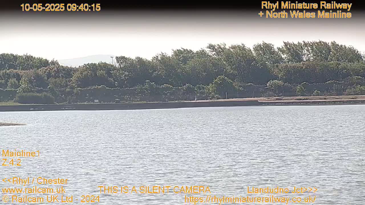 A calm body of water stretches out in front of a line of trees and shrubs under a hazy sky.