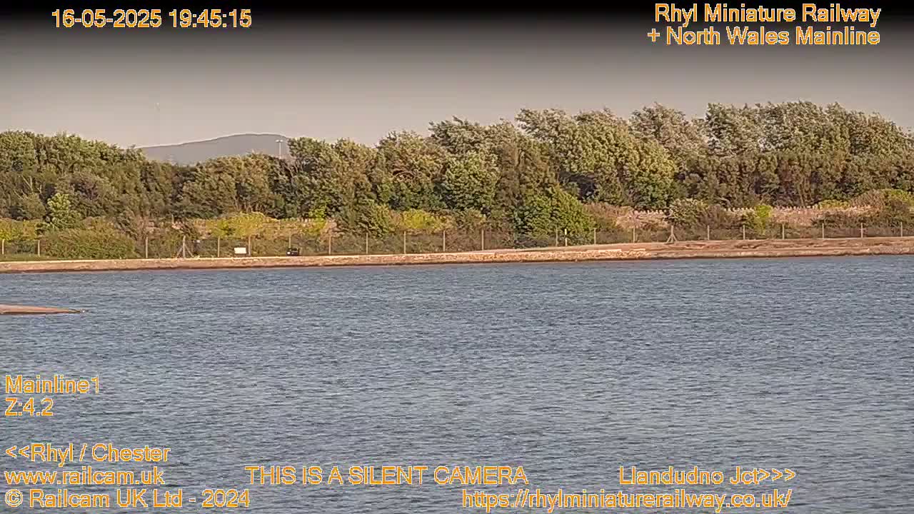 A calm body of water lies before a line of trees and a distant hill under a hazy sky.