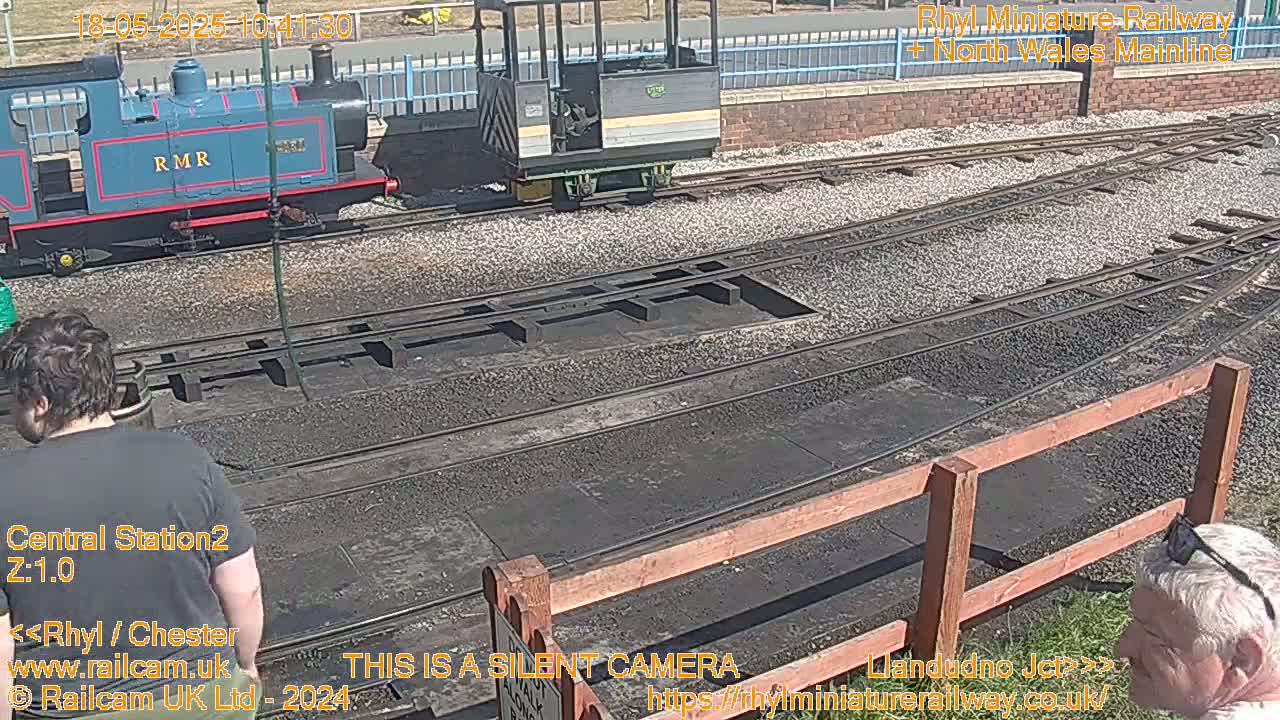 A blue and gray miniature train sits on a railway track next to a smaller, darker train, all under a sunny sky.