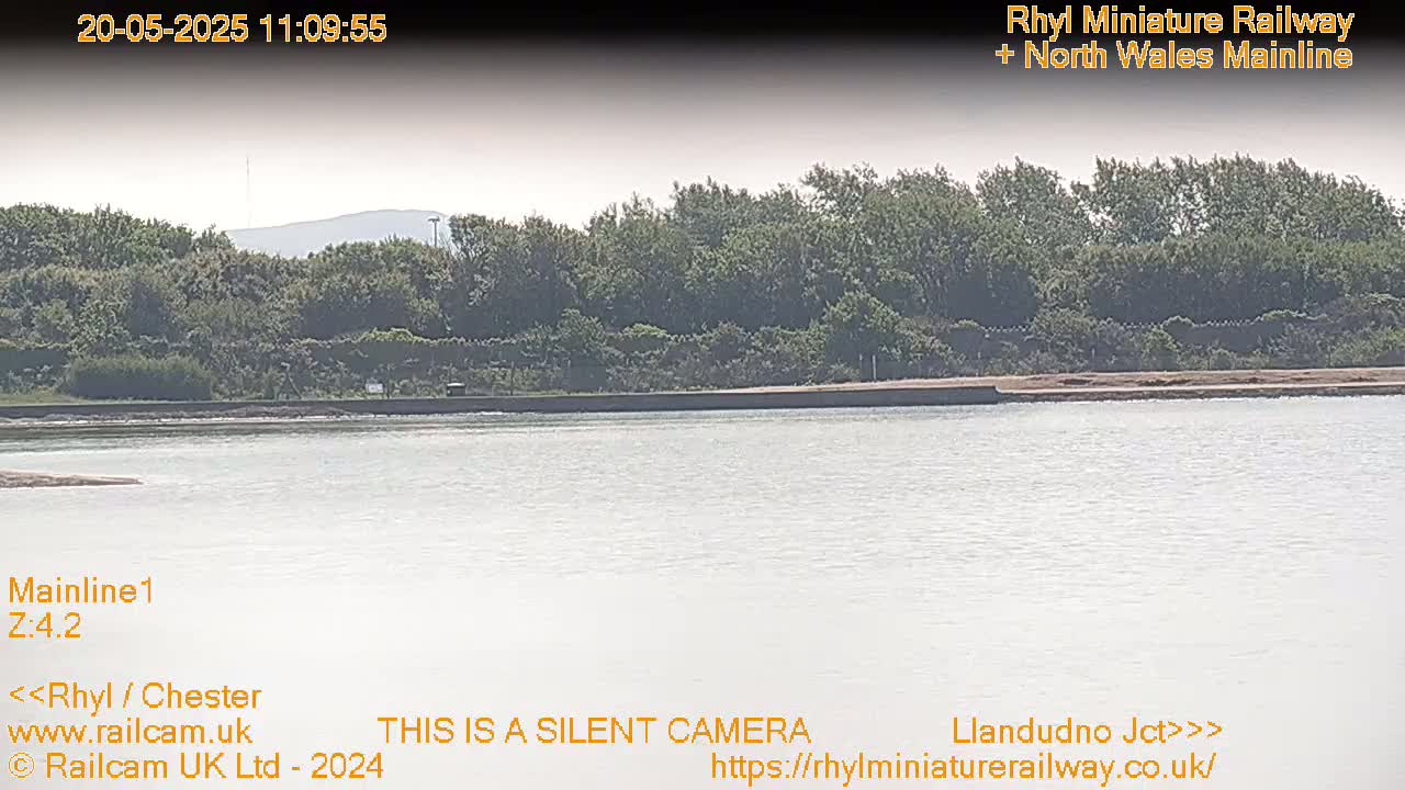 A calm body of water stretches out before a line of trees and shrubs under a hazy sky.