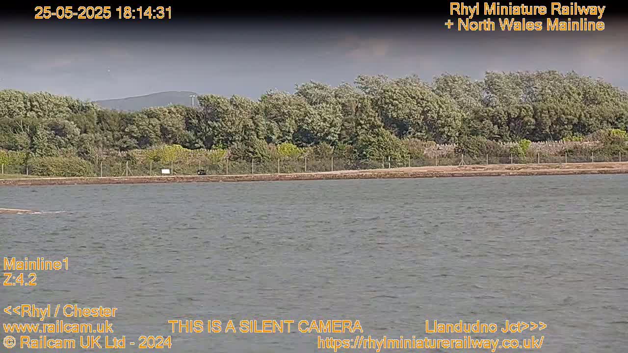 A body of water with slightly choppy surface shows a line of trees and a distant hill under a partly cloudy sky.