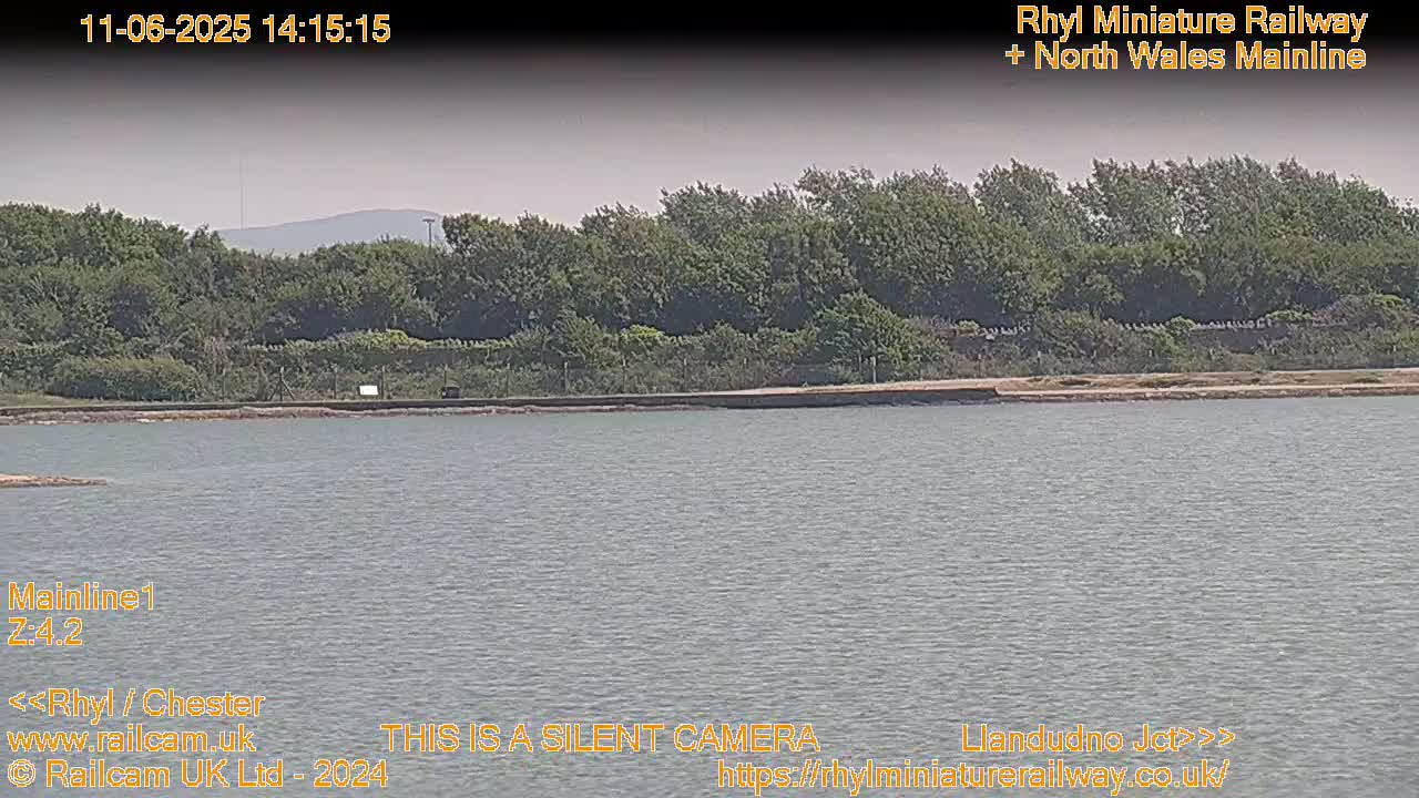 A calm body of water stretches out before a line of trees and a distant, hazy hill under a lightly overcast sky.