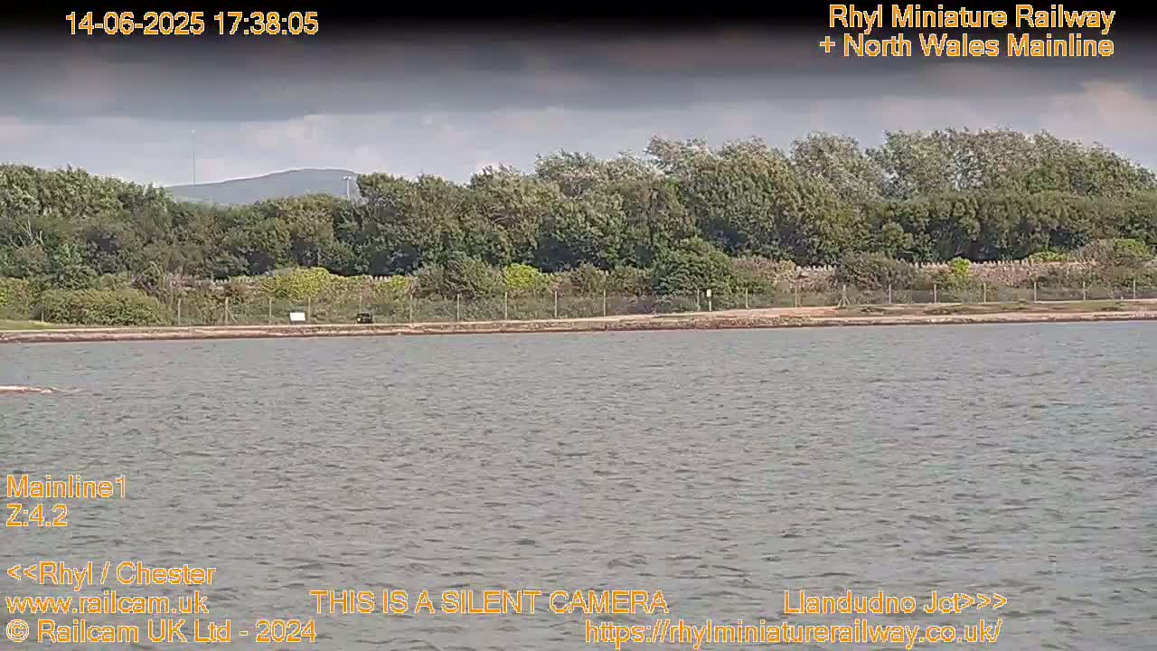 A body of water stretches before a line of trees under a mostly cloudy sky.