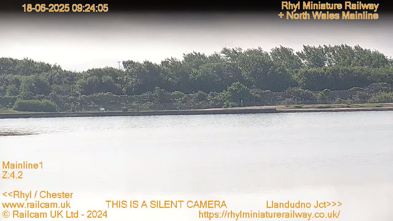 A calm body of water stretches out before a line of lush green trees under a bright, mostly clear sky.