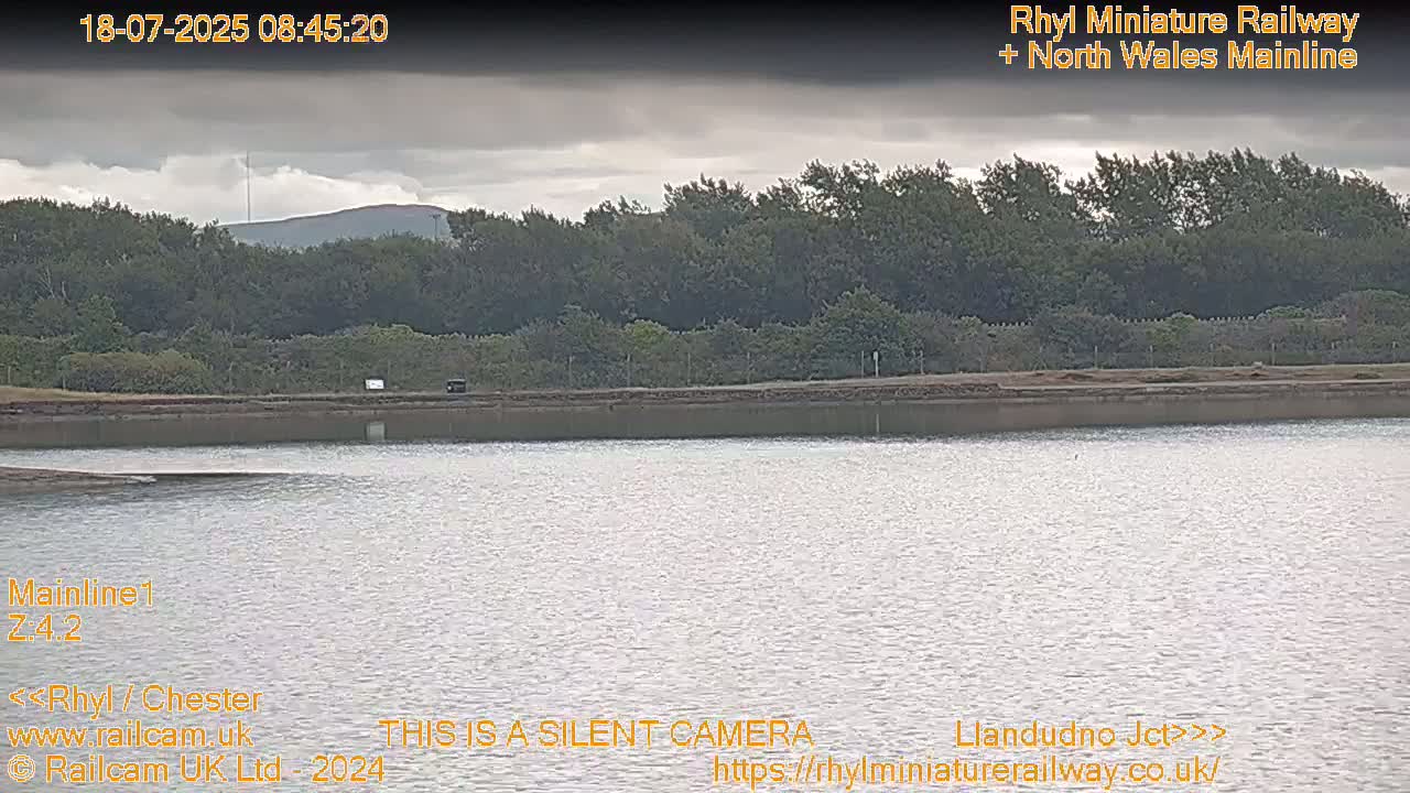 A body of calm water sits before a line of trees under a cloudy sky.