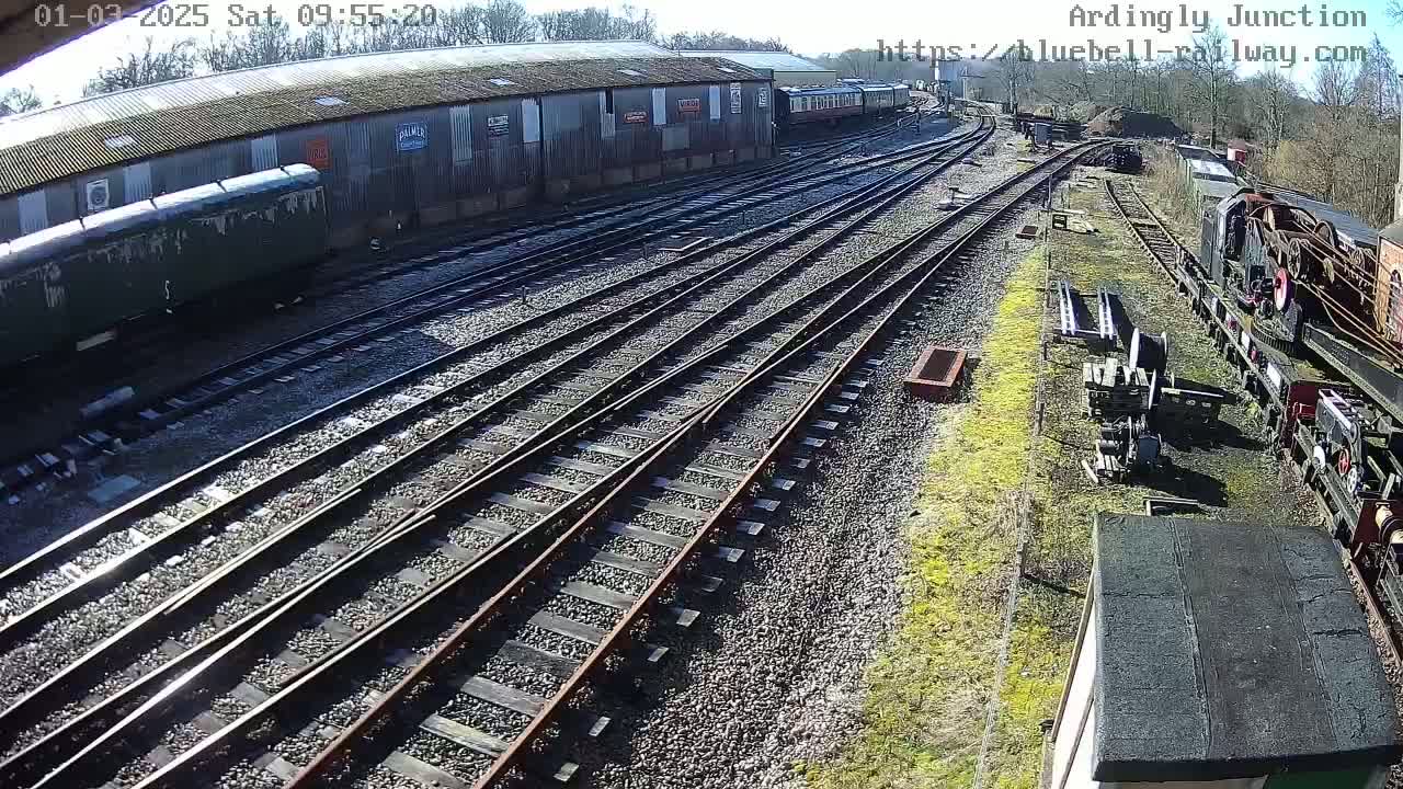 A sunny day at a railway yard shows numerous train tracks converging, with various railway cars and buildings visible.