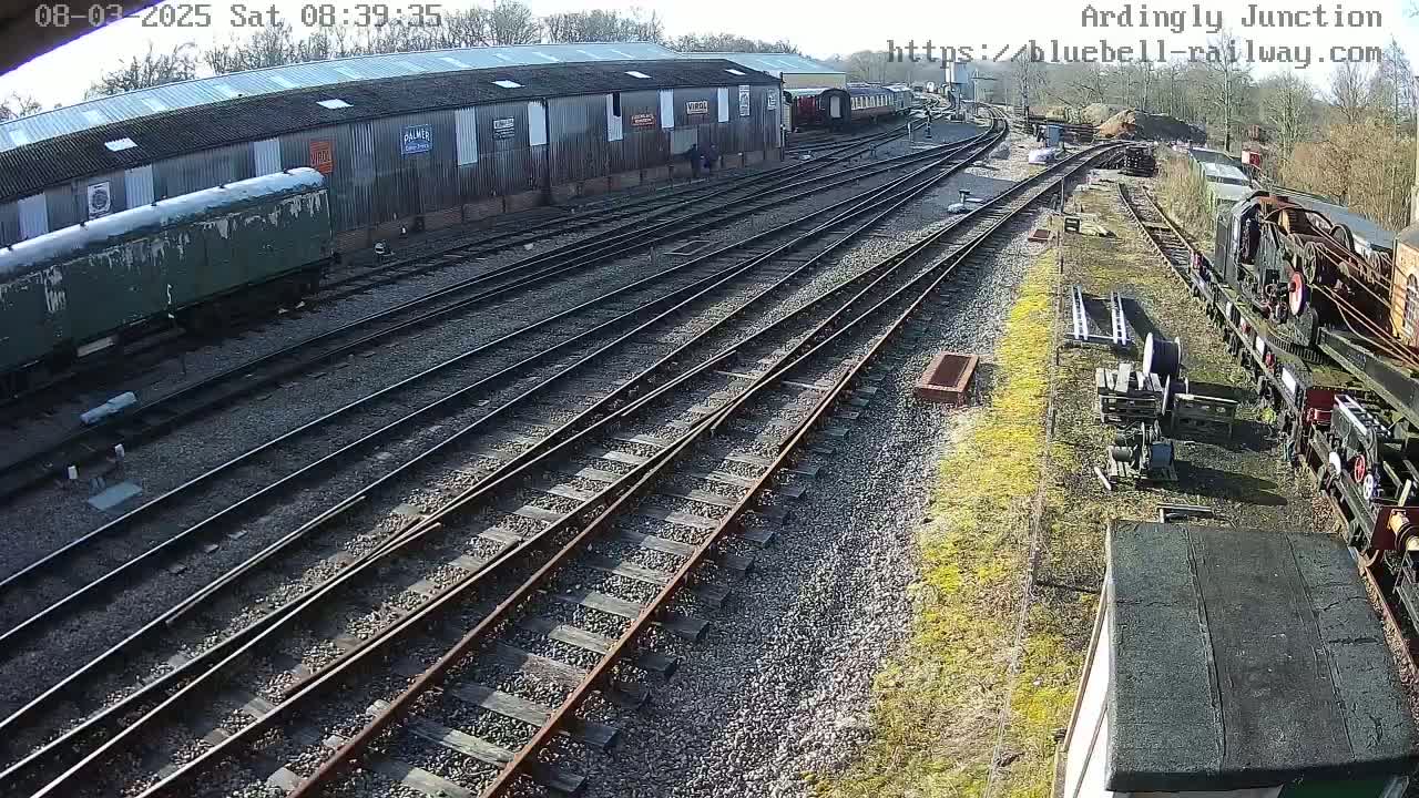 A sunny day at a railway yard shows numerous train tracks branching off from a main line, with several railway cars and a locomotive visible, alongside a long shed.