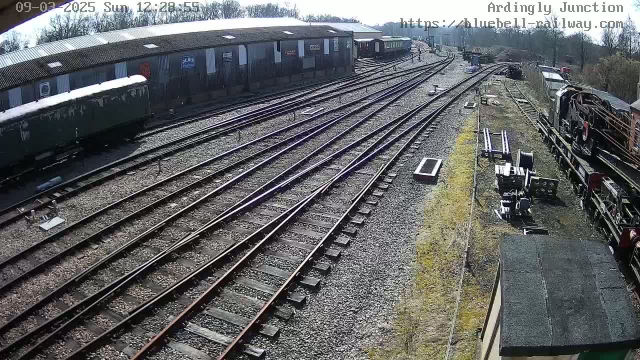 A sunny day at a railway yard shows multiple train tracks intersecting, with several railway cars and locomotives visible, some in a shed.