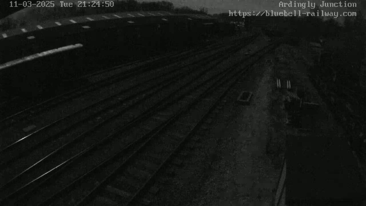 A nighttime, high-angle view shows a dark railway yard with multiple sets of parallel train tracks extending into the distance.