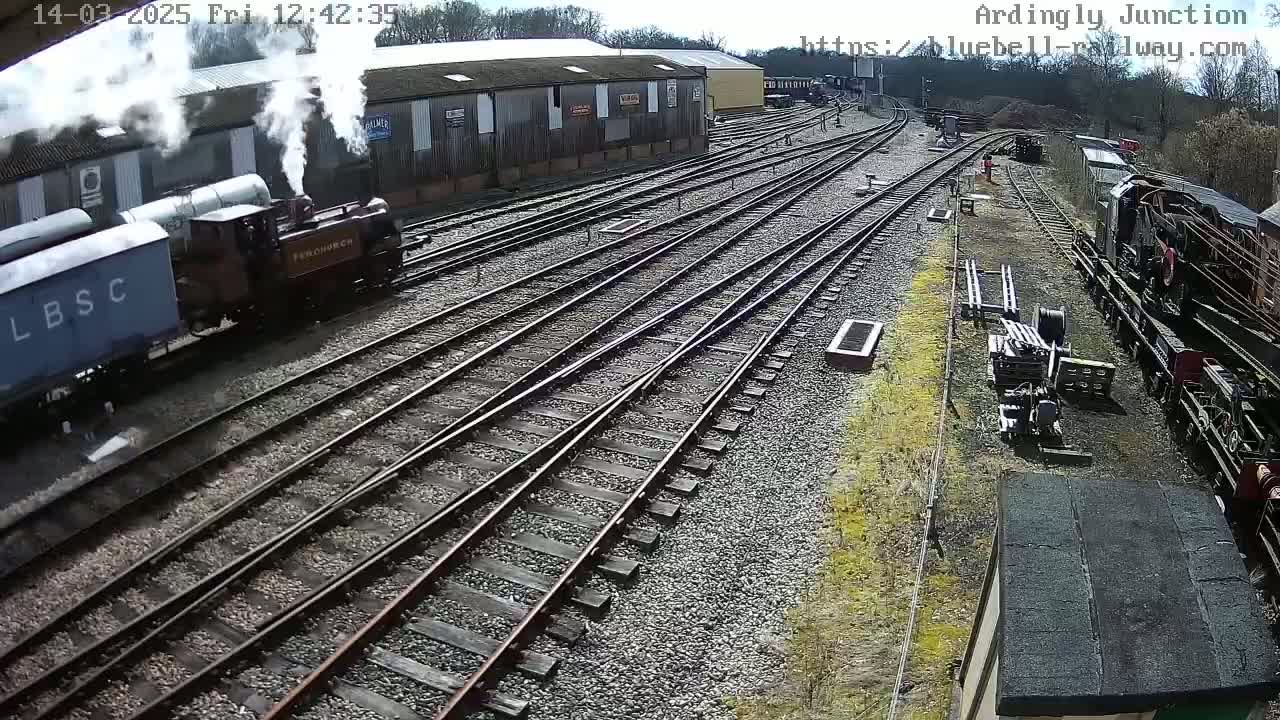 A steam train and other railway cars are parked on a sunny day in a railway yard with multiple tracks and several buildings in the background.
