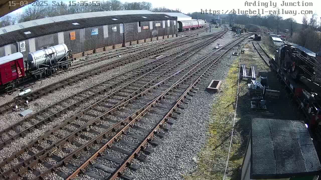 A sunny day at a railway yard shows multiple train cars and locomotives on a network of train tracks, alongside a long, dark building.