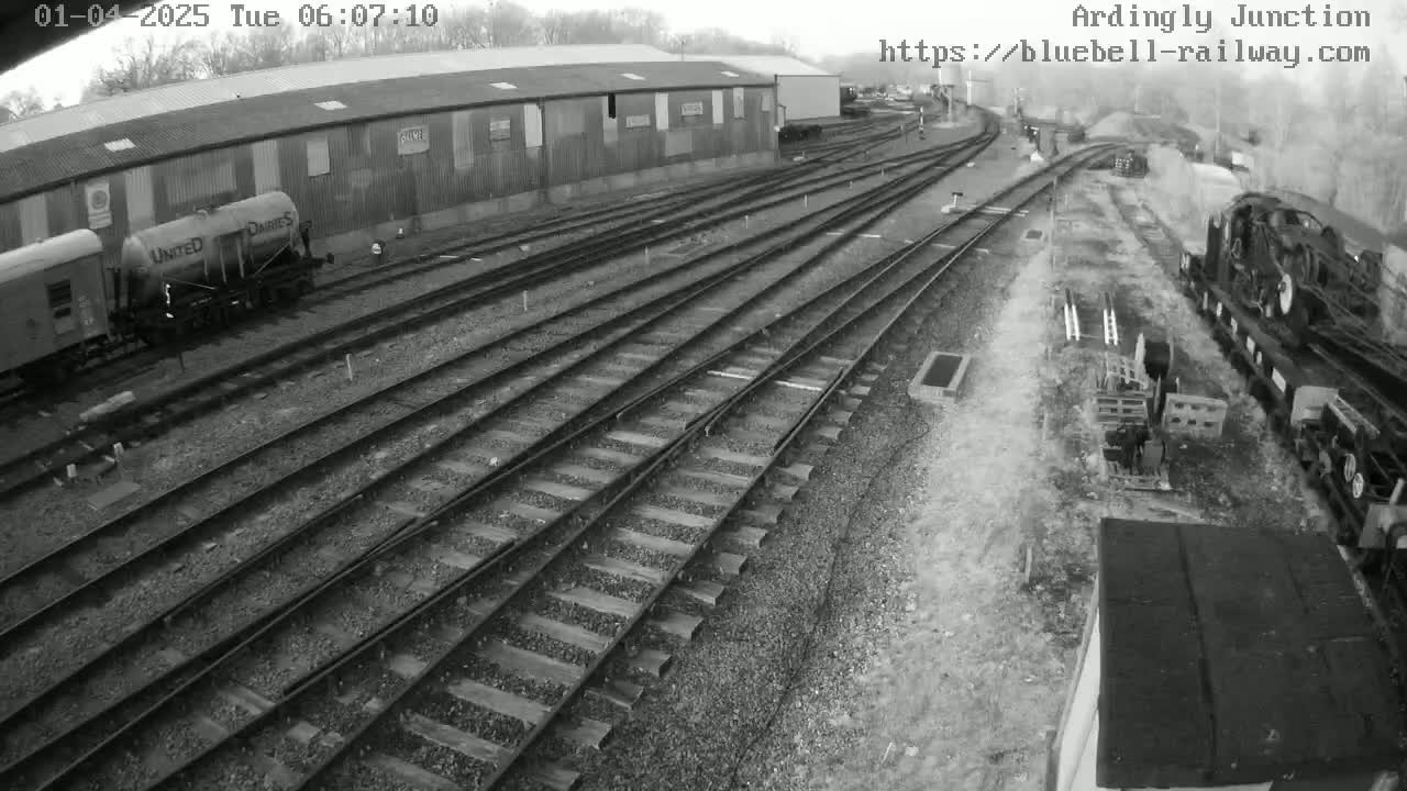 A high-angle, black-and-white view of a railway yard with several train cars and multiple sets of tracks, on an overcast day.