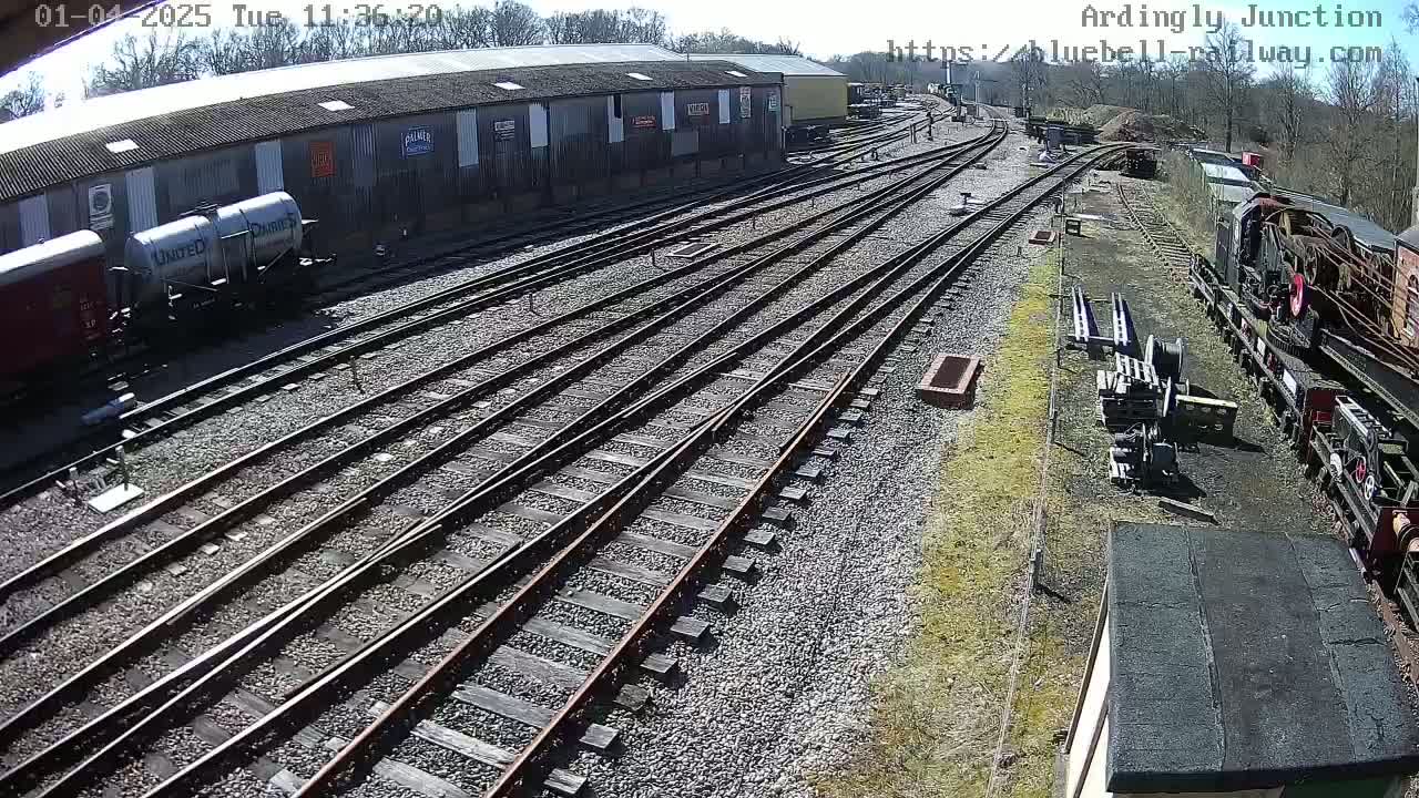 A sunny day at a railway yard shows multiple train tracks converging, with railcars, a locomotive, and a large building in the background.